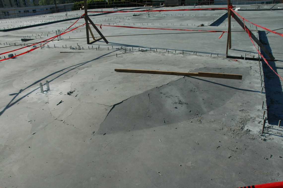 A composite technical illustration comparing a documented post-tension slab surface spalling failure to conceptual internal models. The top section, labeled 'Concept A: Ductile Spalling (Observed),' shows a cross-section of a post-tension slab area with rebar and unbonded tendons undergoing plastic deformation and retaining tension during the surface spalling process, preventing collapse. The bottom section, 'Concept B: Brittle Punching Shear Collapse (Not Observed),' contrasts this with a hypothetical, sudden, deep-seated cone-failure model.